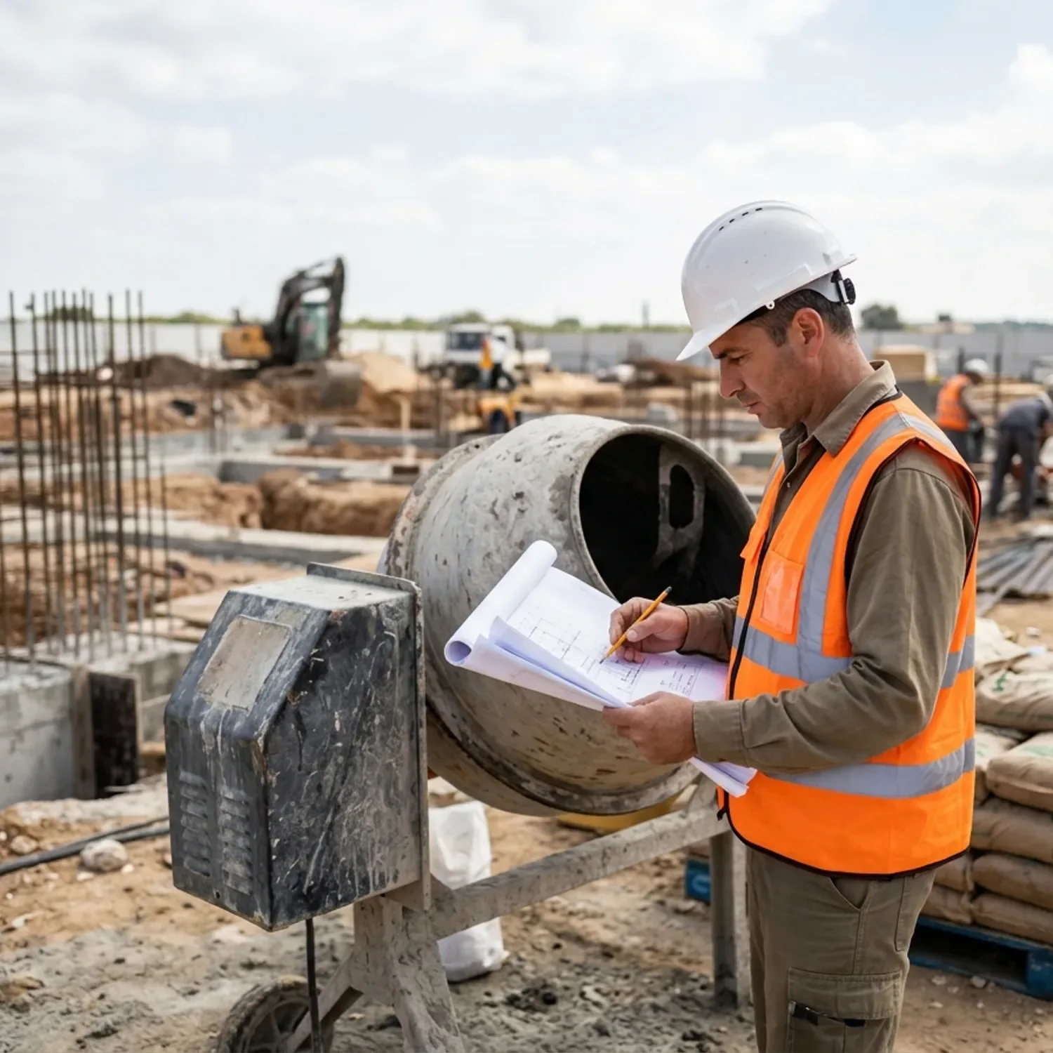 צילום טבעי של אתר בנייה בשלבי הקמה ראשוניים, קבלן בחולצה זוהרת בוחן תוכנית ליד מערבל בטון ושקי חול
