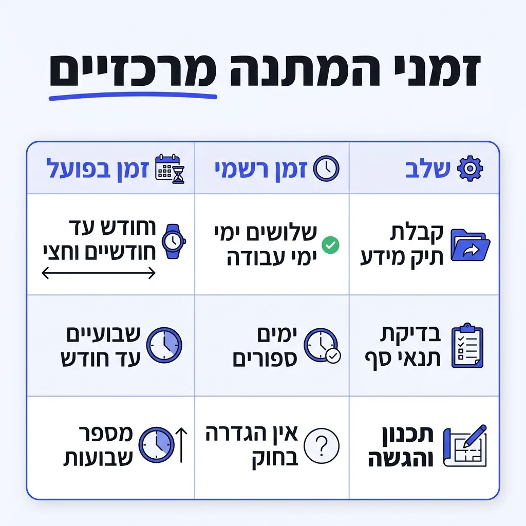 אינפוגרפיקה — זמני המתנה מרכזיים: השוואה בין זמן רשמי, זמן בפועל