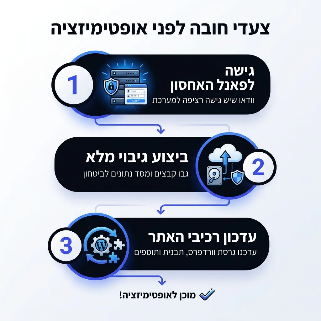 אינפוגרפיקה — צעדי חובה לפני אופטימיזציה: גישה לפאנל האחסון, ביצוע גיבוי מלא, עדכון רכיבי האתר