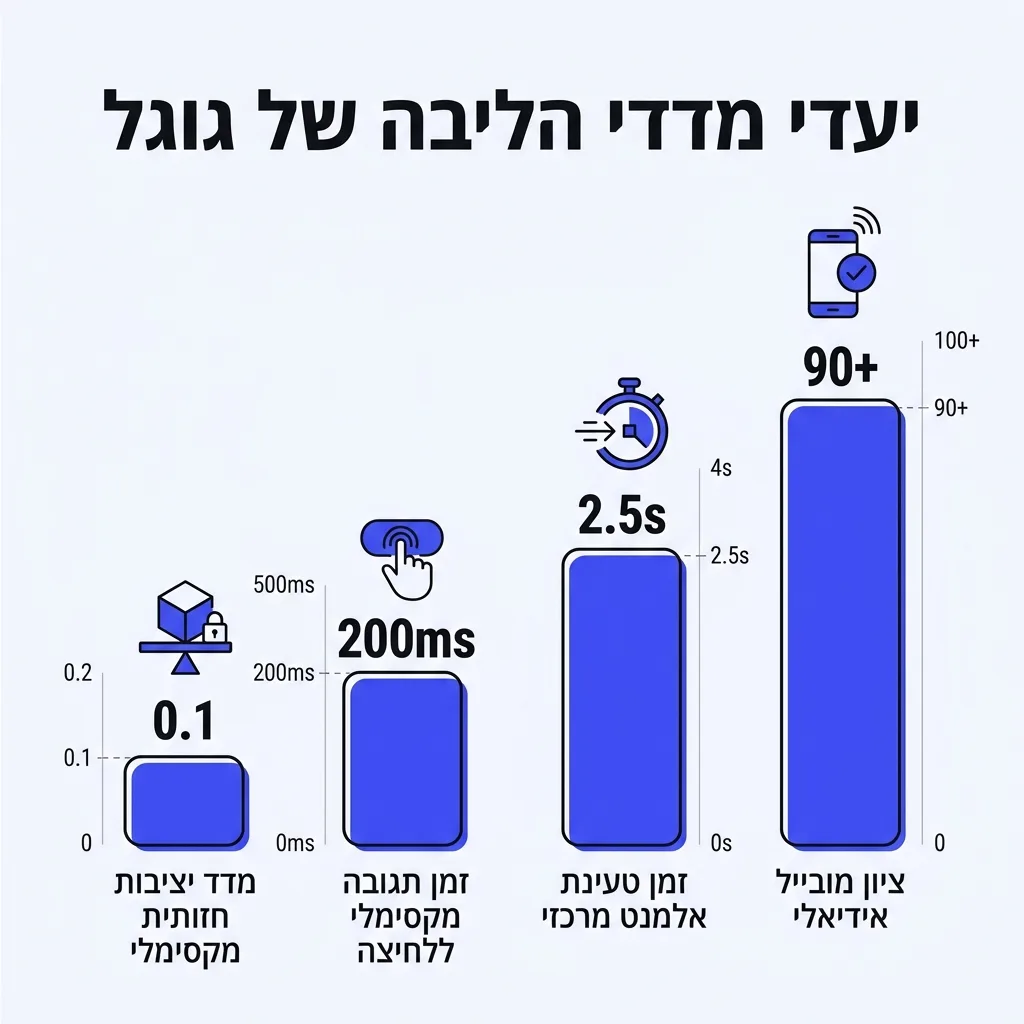 אינפוגרפיקה — יעדי מדדי הליבה של גוגל: ציון מובייל אידיאלי, זמן טעינת אלמנט מרכזי, זמן תגובה מקסימלי ללחיצה, מדד יציבות חזותי