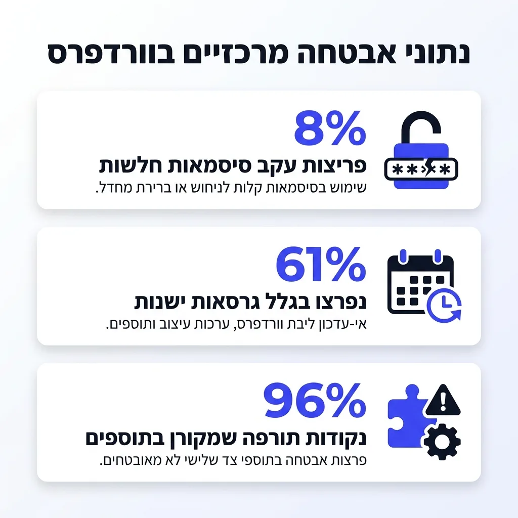 אינפוגרפיקה — נתוני אבטחה מרכזיים בוורדפרס: פריצות עקב סיסמאות חלשות, נפרצו בגלל גרסאות ישנות, נקודות תורפה שמקורן בתוספים