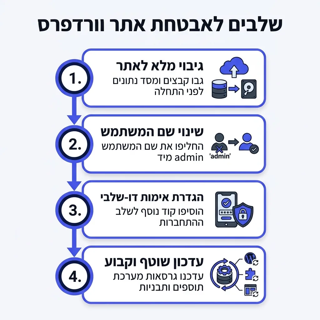 אינפוגרפיקה — שלבים לאבטחת אתר וורדפרס: גיבוי מלא לאתר, שינוי שם המשתמש, הגדרת אימות דו-שלבי, עדכון שוטף וקבוע