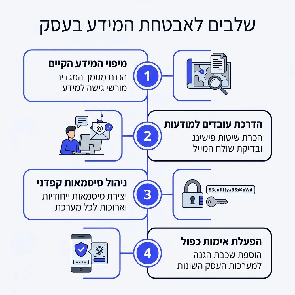 אינפוגרפיקה — שלבים לאבטחת המידע בעסק: מיפוי המידע הקיים, הדרכת עובדים למודעות, ניהול סיסמאות קפדני, הפעלת אימות כפול