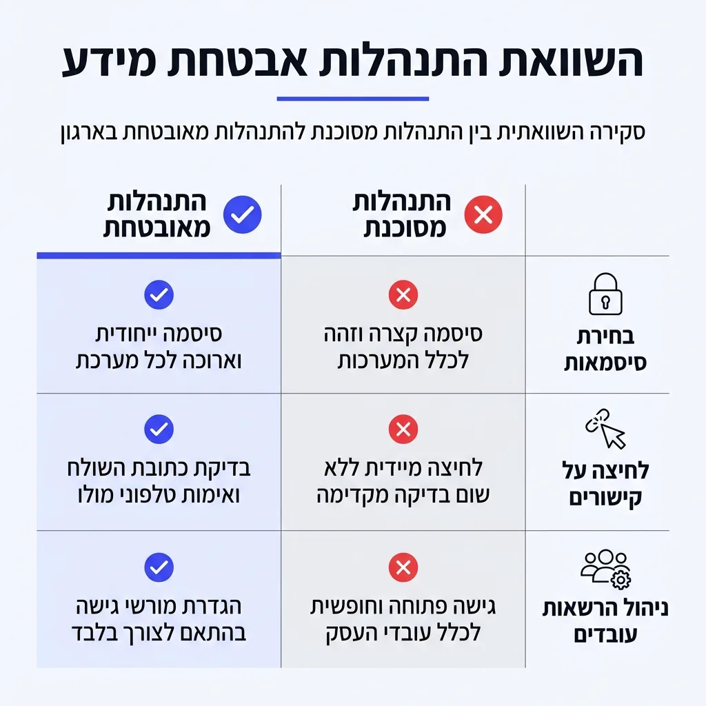 אינפוגרפיקה — השוואת התנהלות אבטחת מידע: השוואה בין התנהלות מסוכנת, התנהלות מאובטחת