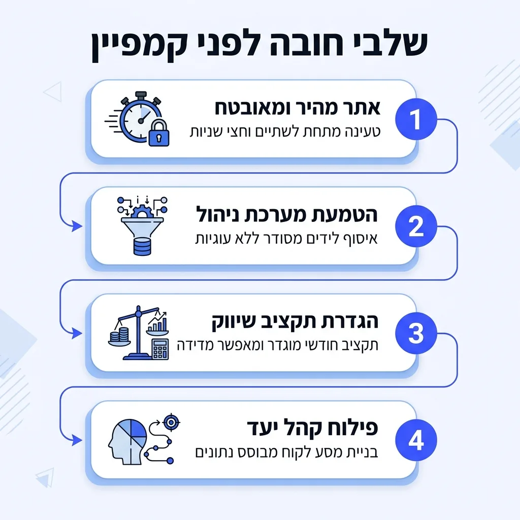 אינפוגרפיקה — שלבי חובה לפני קמפיין: אתר מהיר ומאובטח, הטמעת מערכת ניהול, הגדרת תקציב שיווק, פילוח קהל יעד