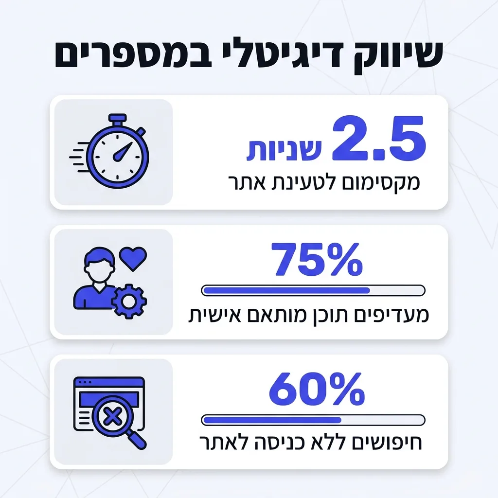 אינפוגרפיקה — שיווק דיגיטלי במספרים: שניות מקסימום לטעינת אתר, מעדיפים תוכן מותאם אישית, חיפושים ללא כניסה לאתר