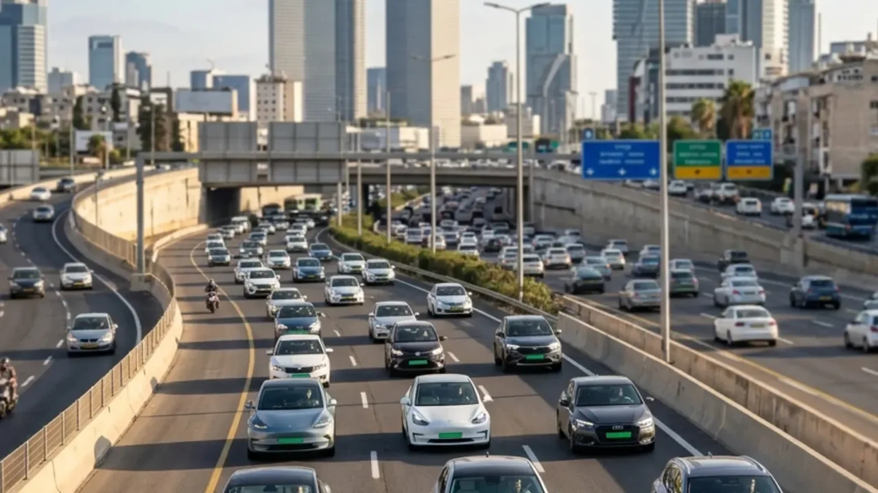 צילום נוף של כביש איילון כשרכבים חשמליים עם לוחית רישוי ירוקה נוסעים בו באופן בולט