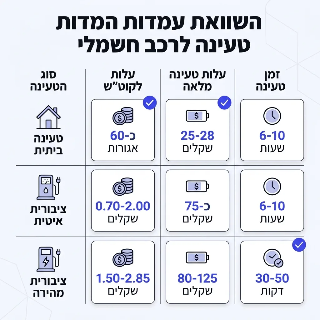 אינפוגרפיקה — השוואת עמדות טעינה לרכב חשמלי: השוואה בין טעינה ביתית, ציבורית איטית, ציבורית מהירה