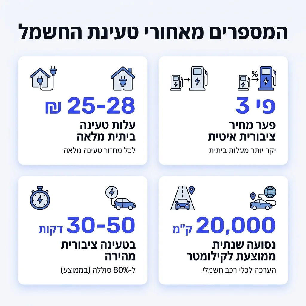 אינפוגרפיקה — המספרים מאחורי טעינת החשמל: עלות טעינה ביתית מלאה, פער מחיר ציבורית איטית, דקות בטעינה ציבורית מהירה, נסועה שנת