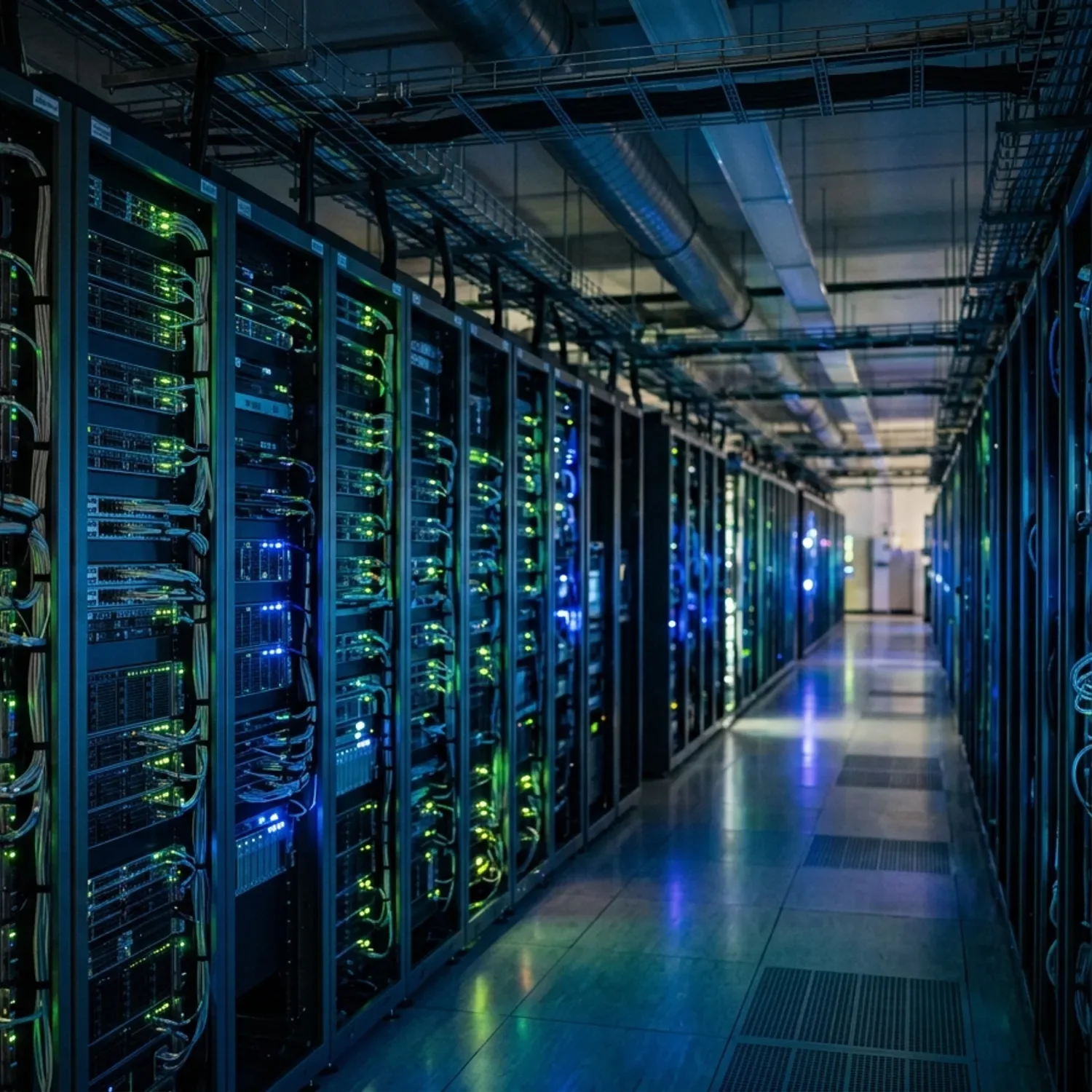 צילום ריאליסטי של חוות שרתים ענקית (Data Center) מוארת באורות כחולים וירוקים, שורות ארוכות של מסדים מלאים בציוד מחשוב מתקדם, כבלים מסודרים, אווירה טכנולוגית תעשייתית