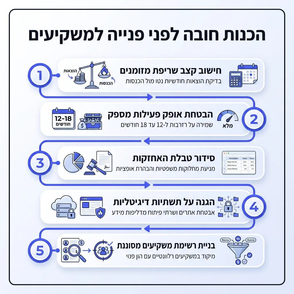 אינפוגרפיקה — הכנות חובה לפני פנייה למשקיעים: חישוב קצב שריפת מזומנים, הבטחת אופק פעילות מספק, סידור טבלת האחזקות, הגנה על תש