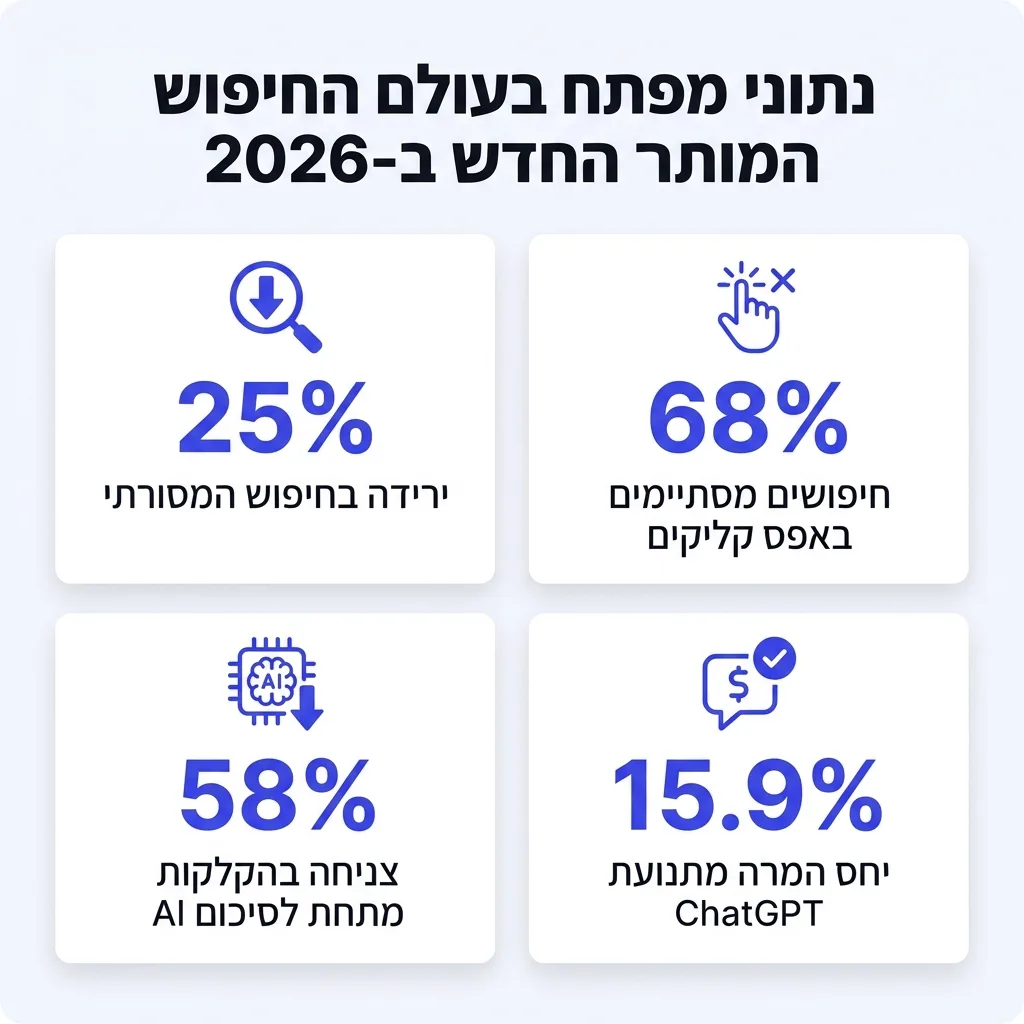 אינפוגרפיקה — נתוני מפתח בעולם החיפוש החדש ב-2026: ירידה בחיפוש המסורתי, חיפושים מסתיימים באפס קליקים, צניחה בהקלקות מתחת לסי