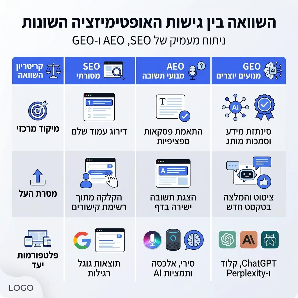 אינפוגרפיקה — השוואה בין גישות האופטימיזציה השונות: השוואה בין SEO מסורתי, AEO מנועי תשובה, GEO מנועים יוצרים