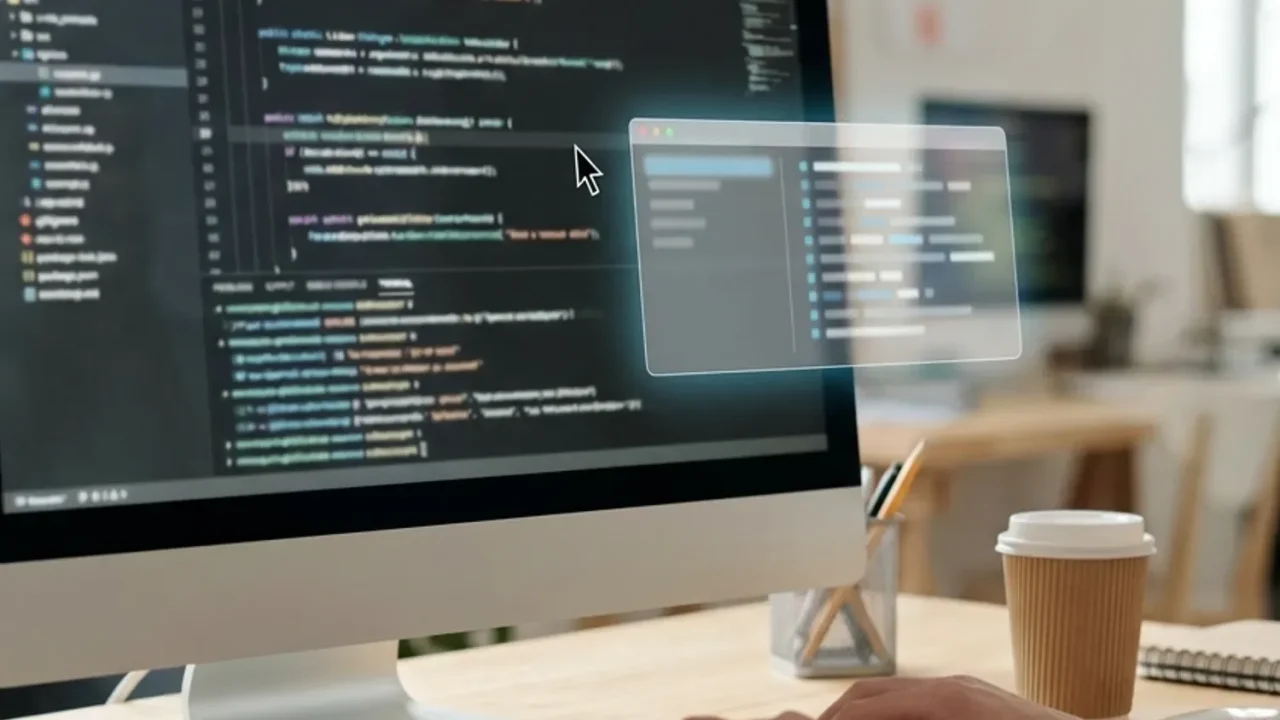 מסך מחשב המציג שורות קוד עם חלון של עוזר AI המציע השלמת קוד אוטומטית