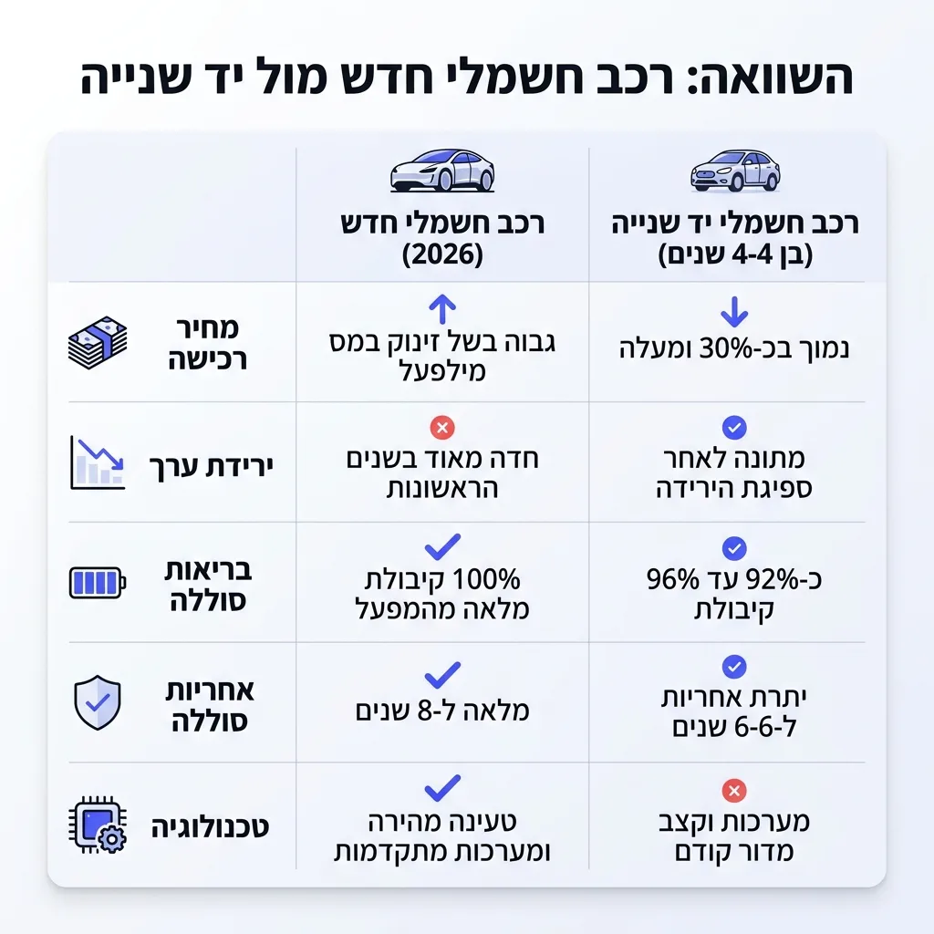 אינפוגרפיקה — השוואה: רכב חשמלי חדש מול יד שנייה: השוואה בין רכב חדש 2026, יד שנייה בן 2-4 שנים