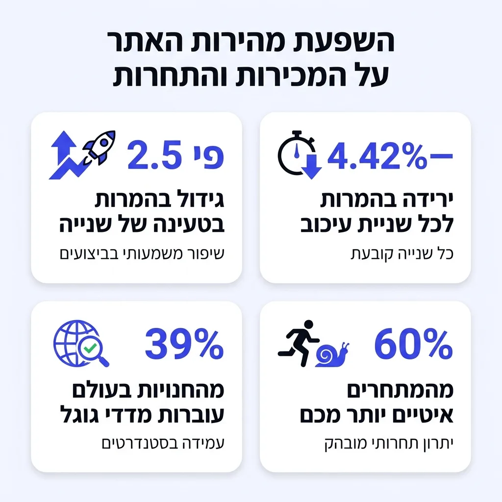 אינפוגרפיקה — השפעת מהירות האתר על המכירות והתחרות: גידול בהמרות בטעינה של שנייה, ירידה בהמרות לכל שניית עיכוב, מהחנויות בעול