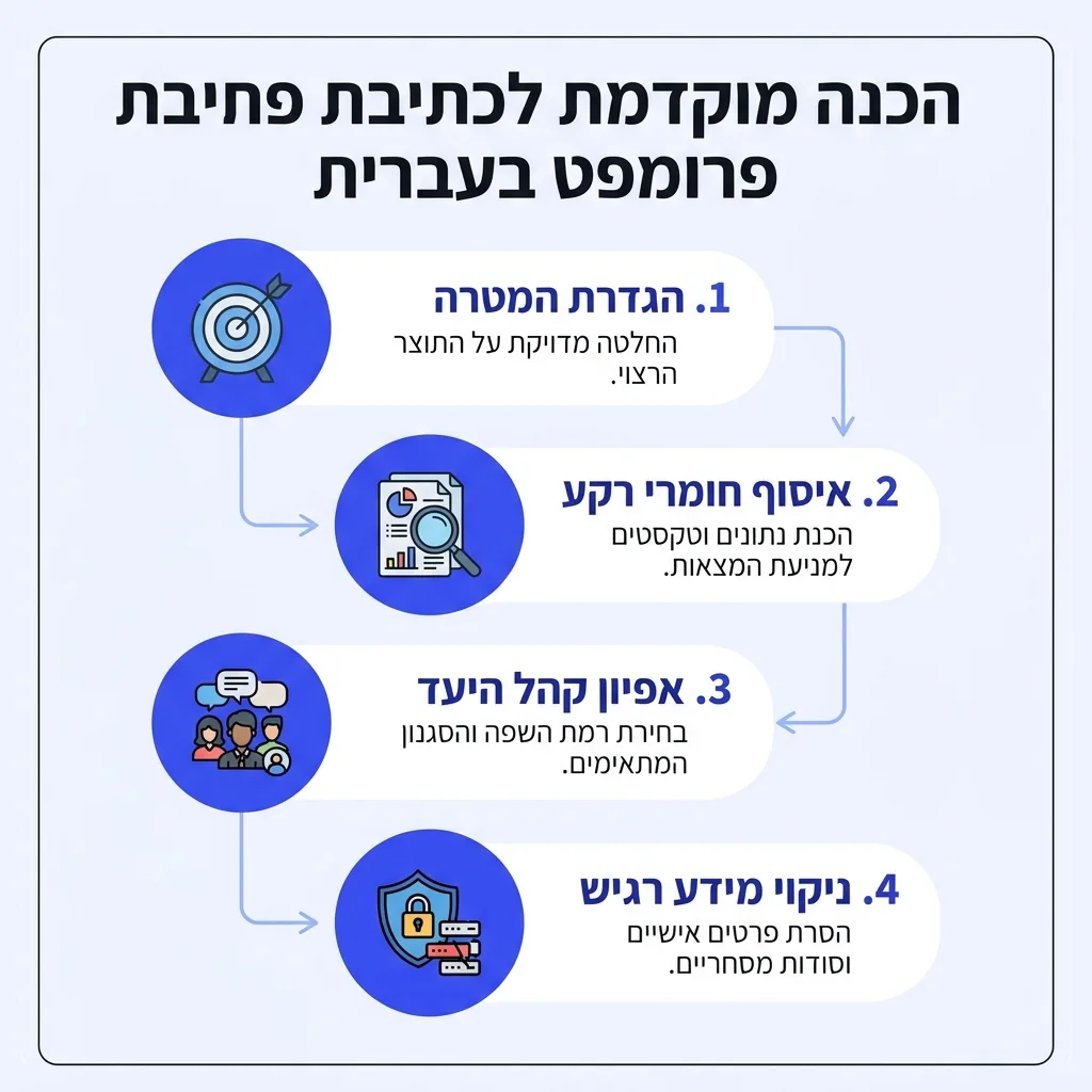 אינפוגרפיקה — הכנה מוקדמת לכתיבת פרומפט בעברית: הגדרת המטרה, איסוף חומרי רקע, אפיון קהל היעד, ניקוי מידע רגיש