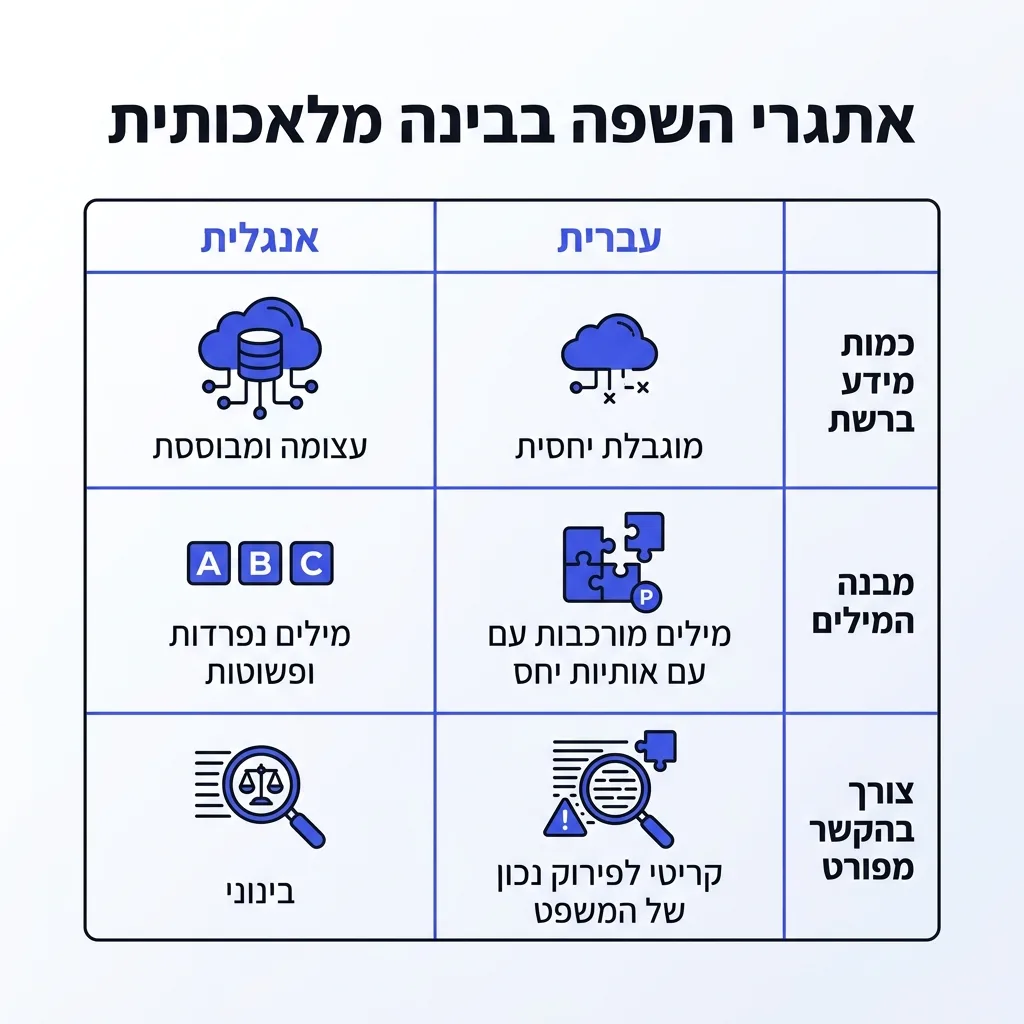 אינפוגרפיקה — אתגרי השפה בבינה מלאכותית: השוואה בין אנגלית, עברית
