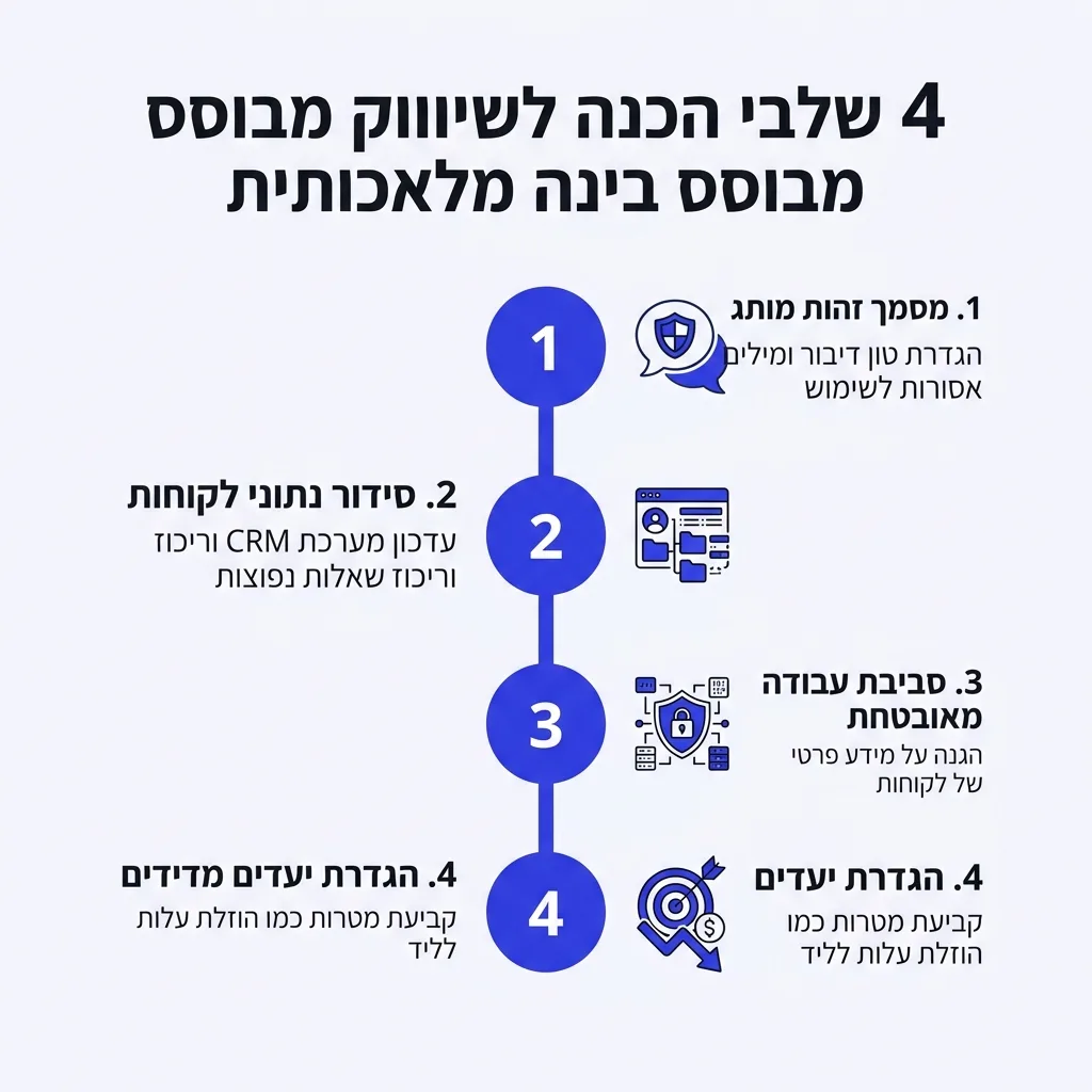 אינפוגרפיקה — 4 שלבי הכנה לשיווק מבוסס בינה מלאכותית: מסמך זהות מותג, סידור נתוני לקוחות, סביבת עבודה מאובטחת, הגדרת יעדים מד