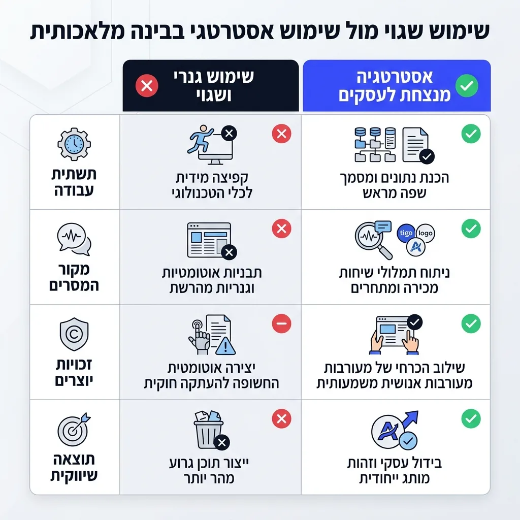 אינפוגרפיקה — שימוש שגוי מול שימוש אסטרטגי בבינה מלאכותית: השוואה בין שימוש גנרי ושגוי, אסטרטגיה מנצחת לעסקים