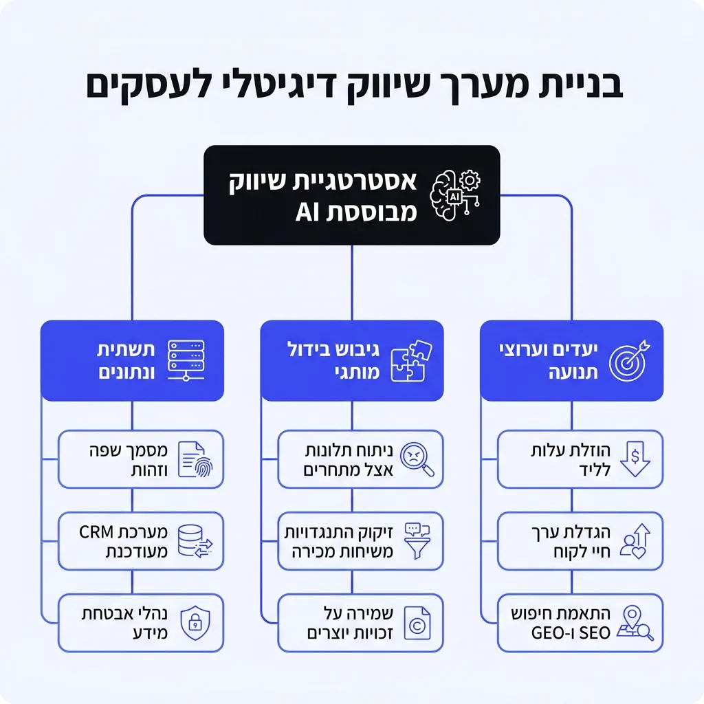 אינפוגרפיקה — בניית מערך שיווק דיגיטלי לעסקים: אסטרטגיית שיווק מבוססת AI