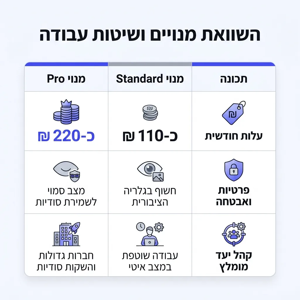 אינפוגרפיקה — השוואת מנויים ושיטות עבודה: השוואה בין מנוי Standard, מנוי Pro