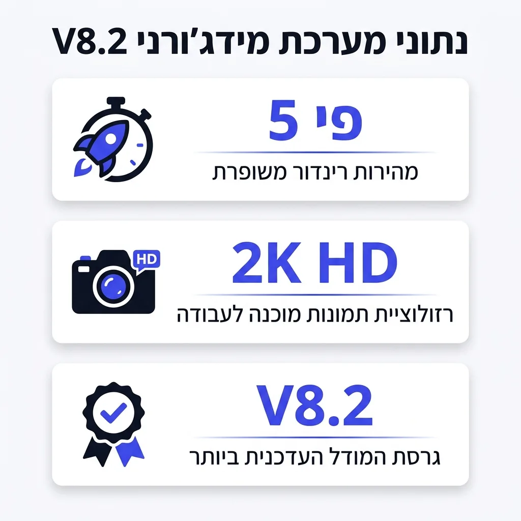 אינפוגרפיקה — נתוני מערכת מידג'ורני V8.2: מהירות רינדור משופרת, רזולוציית תמונות מוכנה לעבודה, גרסת המודל העדכנית ביותר