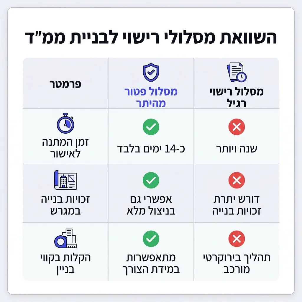 אינפוגרפיקה — השוואת מסלולי רישוי לבניית ממ"ד: השוואה בין מסלול פטור מהיתר, מסלול רישוי רגיל