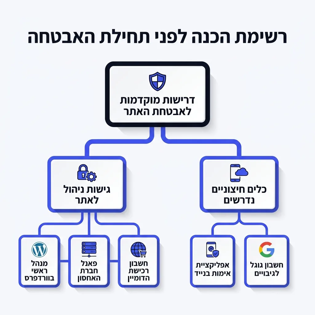 אינפוגרפיקה — רשימת הכנה לפני תחילת האבטחה: דרישות מוקדמות לאבטחת האתר