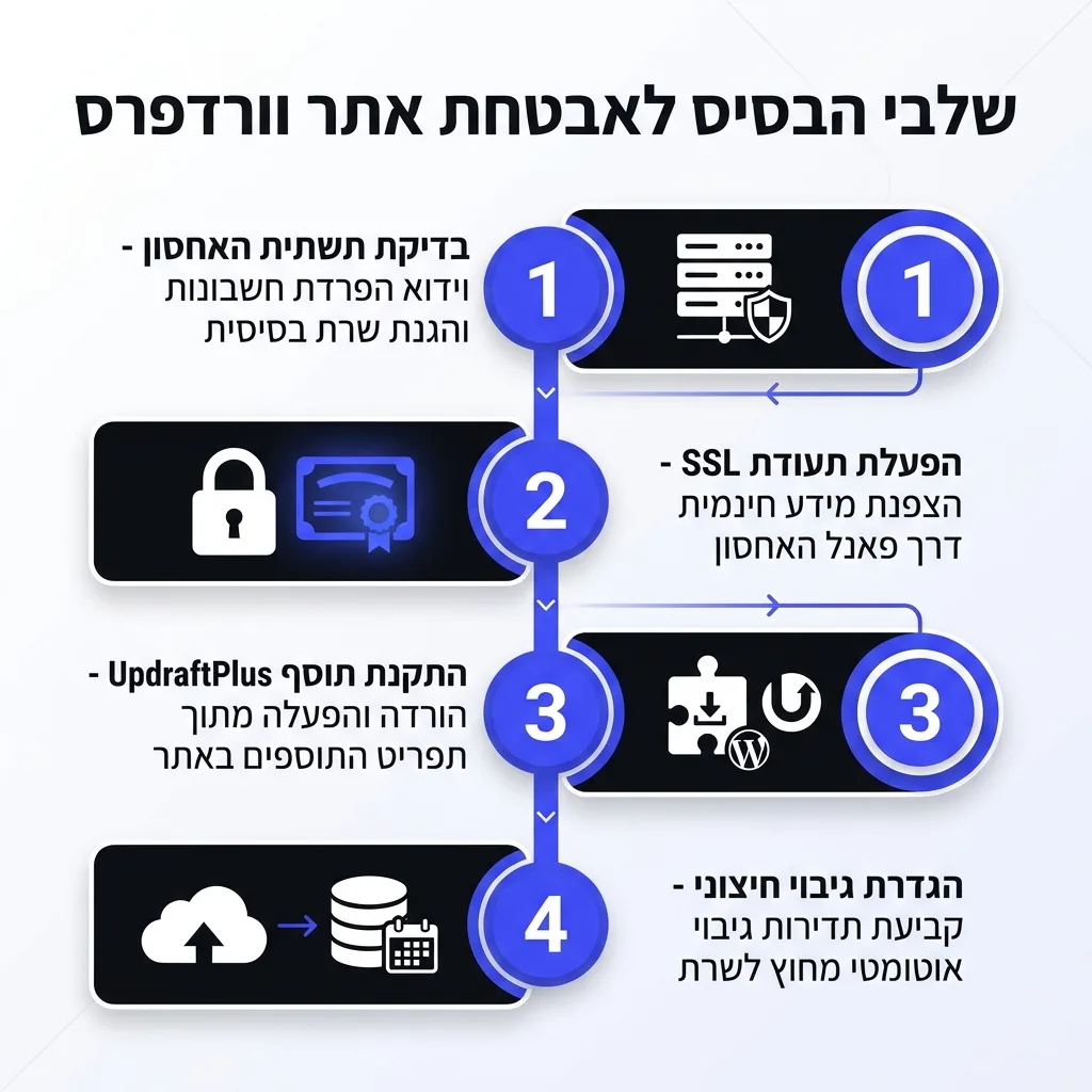 אינפוגרפיקה — שלבי הבסיס לאבטחת אתר וורדפרס: בדיקת תשתית האחסון, הפעלת תעודת SSL, התקנת תוסף UpdraftPlus, הגדרת גיבוי חיצוני