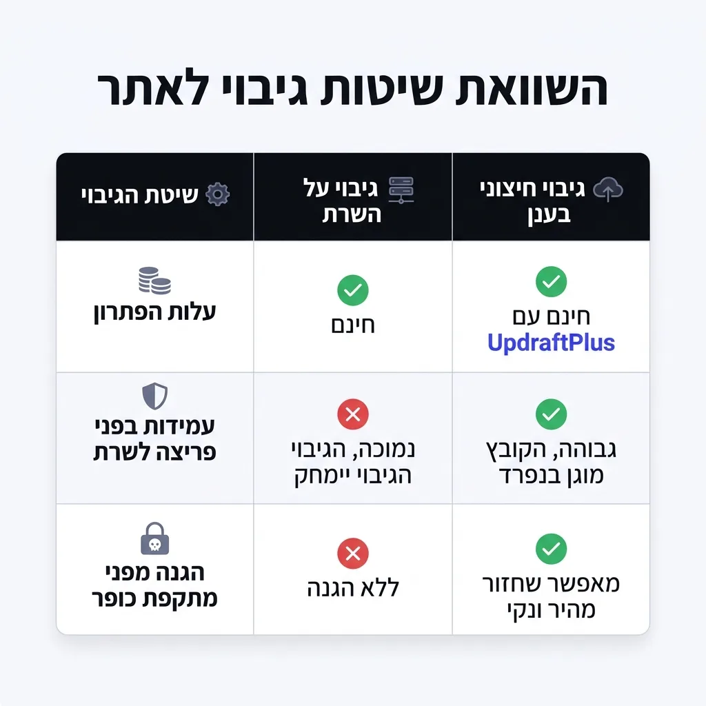 אינפוגרפיקה — השוואת שיטות גיבוי לאתר: השוואה בין גיבוי על השרת, גיבוי חיצוני בענן