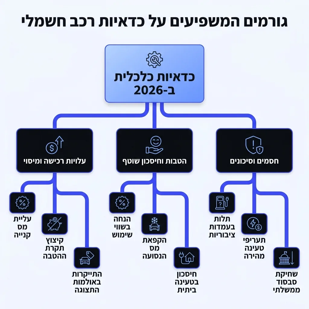 אינפוגרפיקה — גורמים המשפיעים על כדאיות רכב חשמלי: כדאיות כלכלית ב-2026