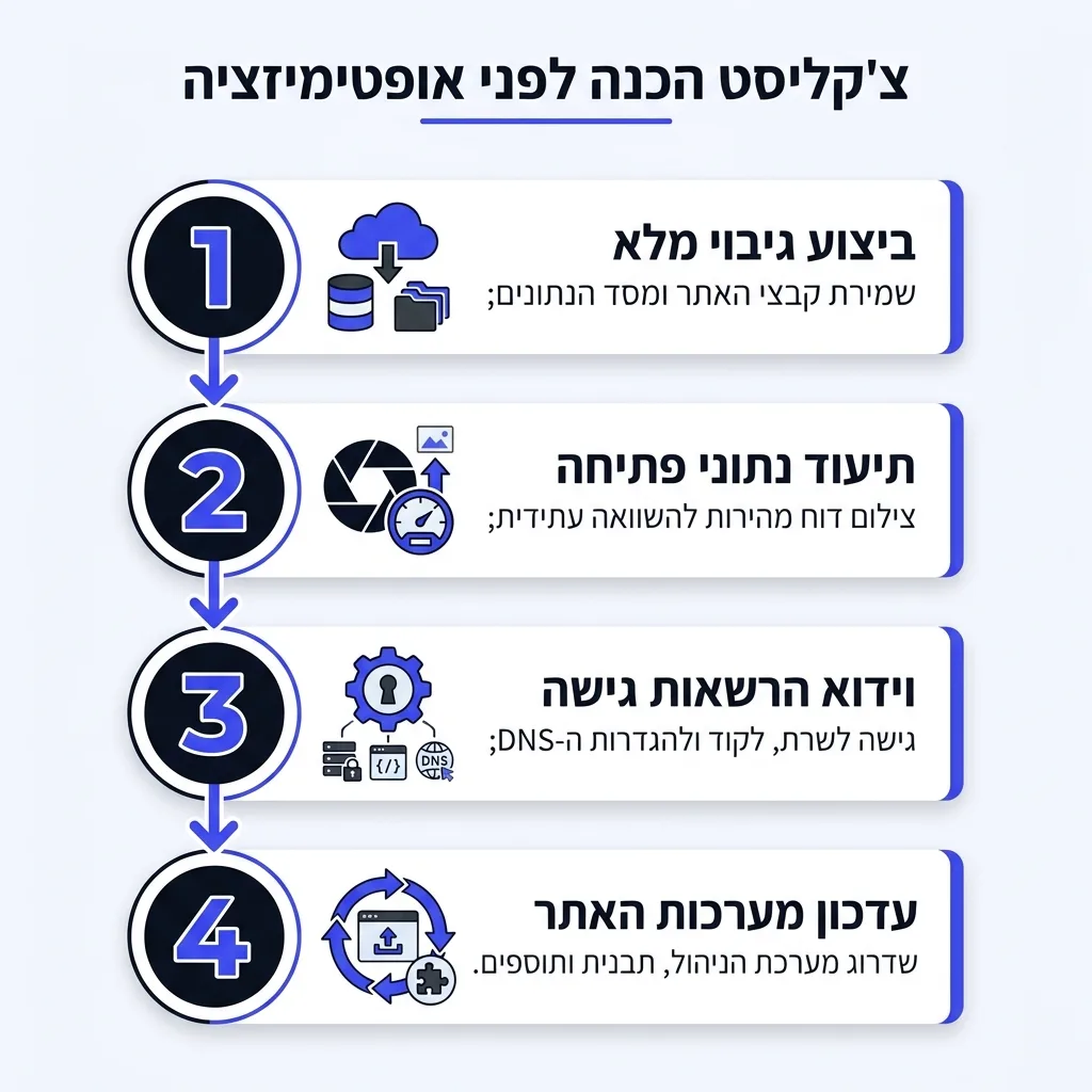 אינפוגרפיקה — צ'קליסט הכנה לפני אופטימיזציה: ביצוע גיבוי מלא, תיעוד נתוני פתיחה, וידוא הרשאות גישה, עדכון מערכות האתר