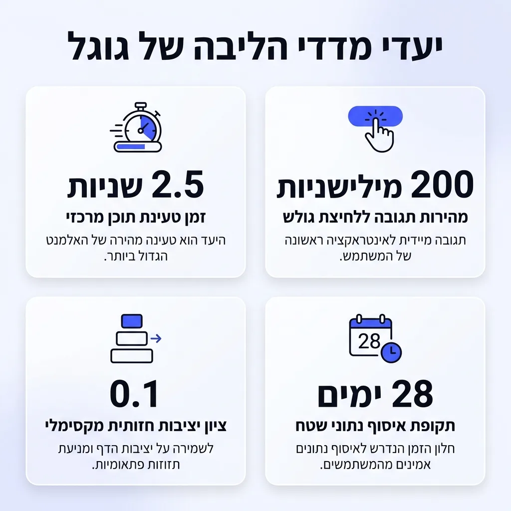אינפוגרפיקה — יעדי מדדי הליבה של גוגל: זמן טעינת תוכן מרכזי, מהירות תגובה ללחיצת גולש, ציון יציבות חזותית מקסימלי, תקופת איסו