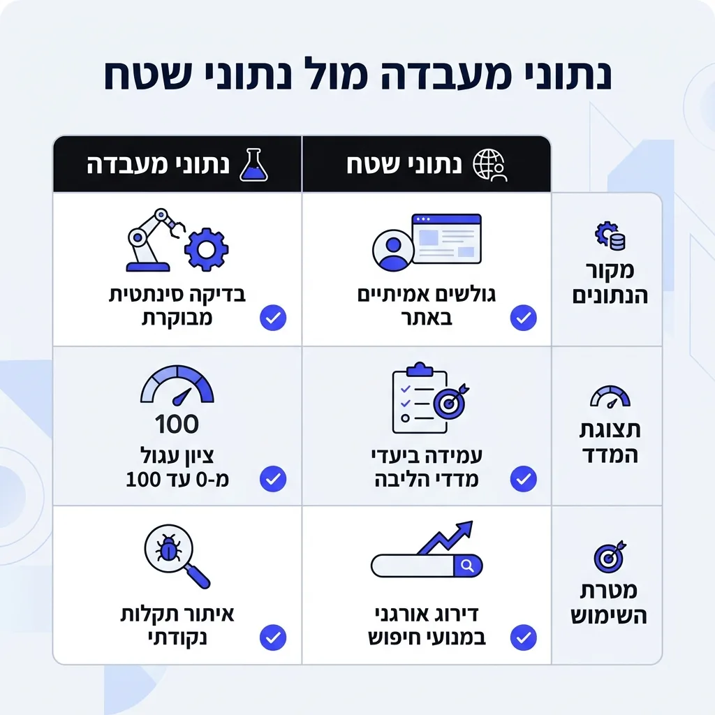 אינפוגרפיקה — נתוני מעבדה מול נתוני שטח: השוואה בין נתוני מעבדה, נתוני שטח