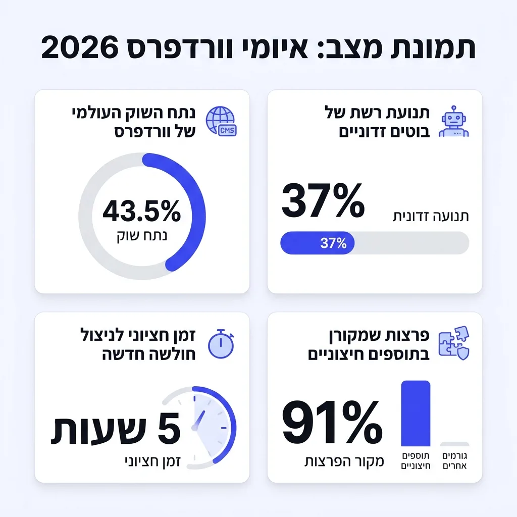 אינפוגרפיקה — תמונת מצב: איומי וורדפרס 2026: נתח השוק העולמי של וורדפרס, תנועת רשת של בוטים זדוניים, זמן חציוני לניצול חולשה 
