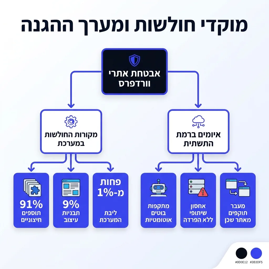 אינפוגרפיקה — מוקדי חולשות ומערך ההגנה: אבטחת אתרי וורדפרס