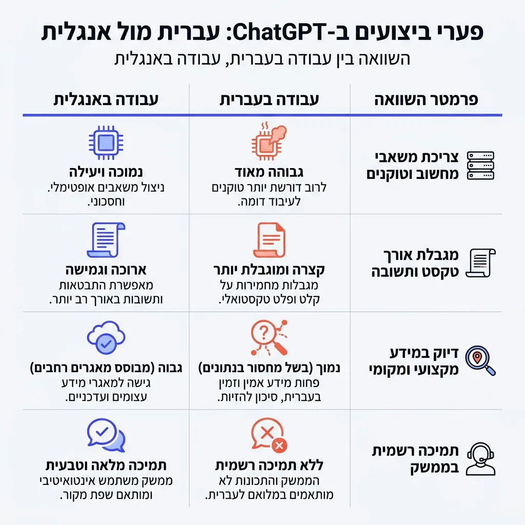 אינפוגרפיקה — פערי ביצועים ב-ChatGPT: עברית מול אנגלית: השוואה בין עבודה בעברית, עבודה באנגלית