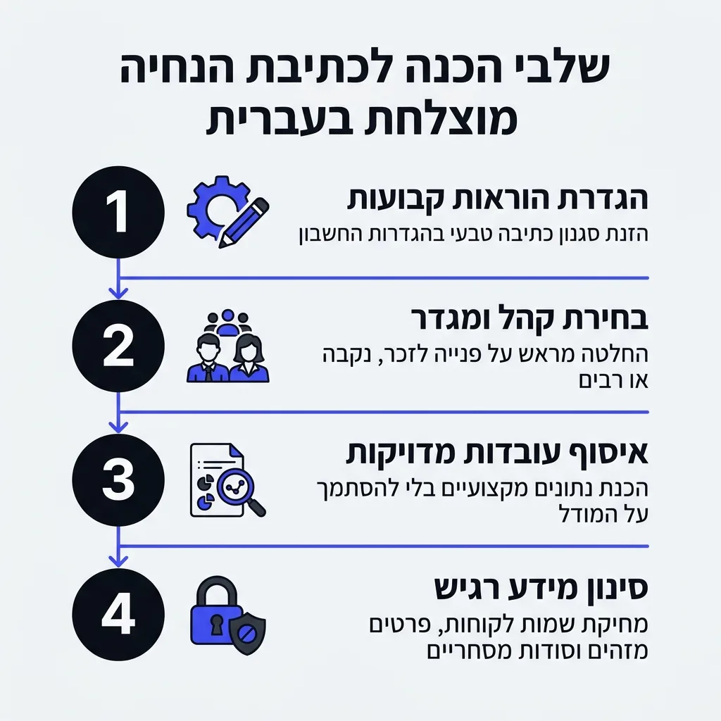 אינפוגרפיקה — שלבי הכנה לכתיבת הנחיה מוצלחת בעברית: הגדרת הוראות קבועות, בחירת קהל ומגדר, איסוף עובדות מדויקות, סינון מידע רג